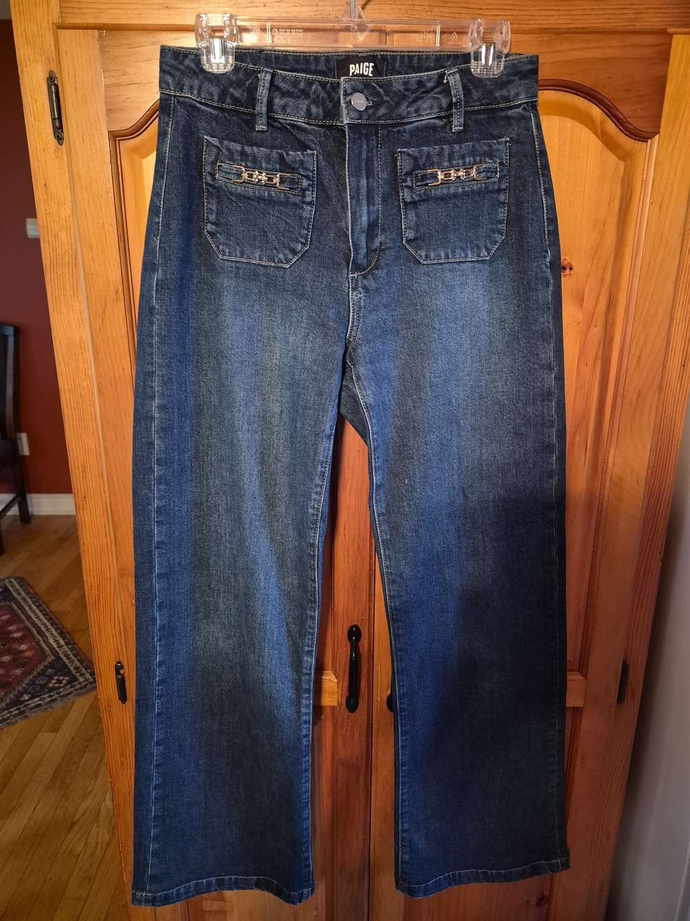 PAIGE Leenah High Rise Wide Leg Clasp Patch Pocket Jeans Savon 28